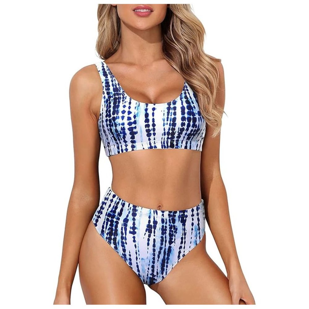 NEW! Women's LARGE Two Piece Scoop Neck Crop Top High Cut High Waisted Swimsuit